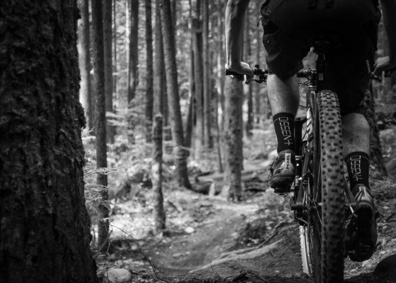Ein Mountainbiker auf einem Trail.